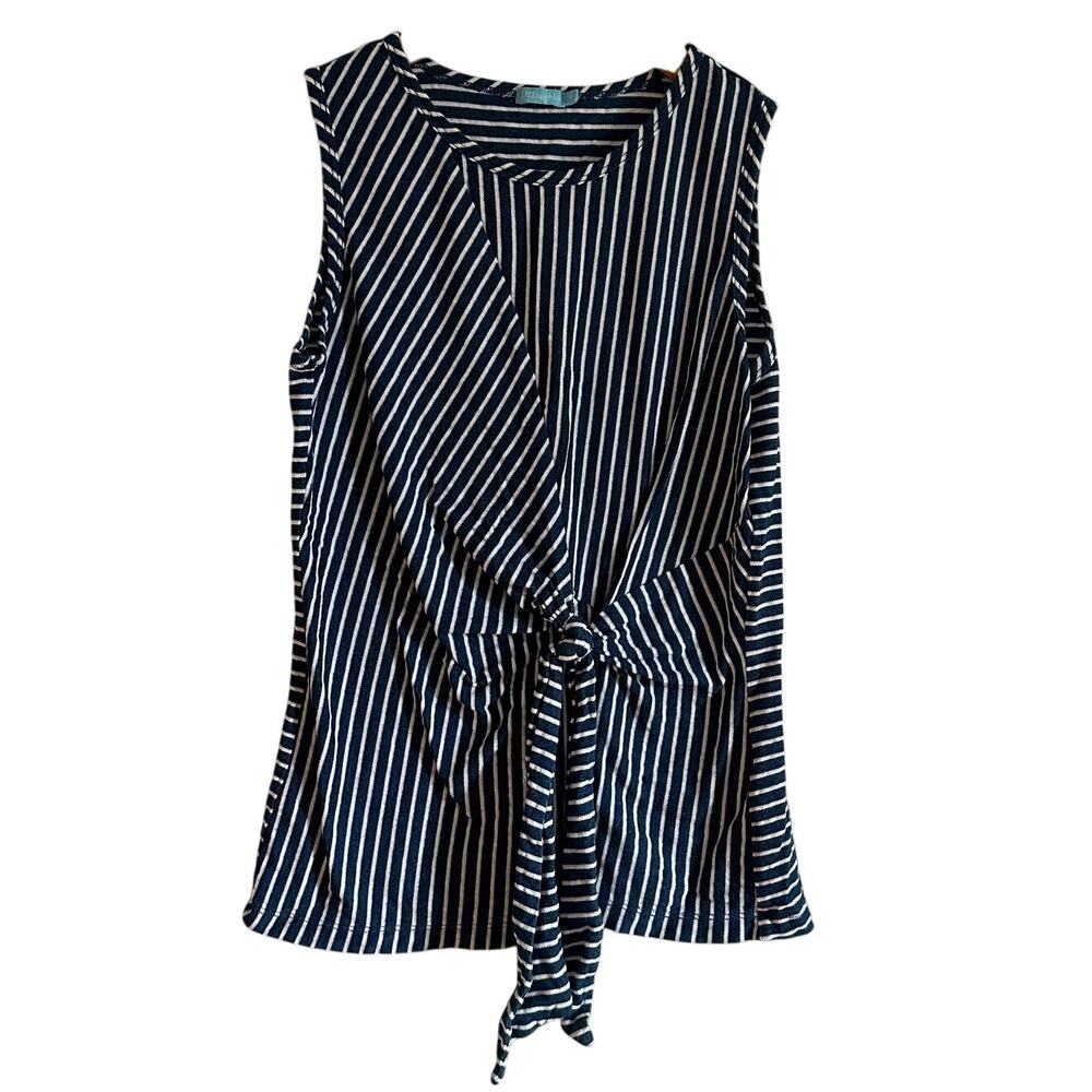 J. McLaughlin Cotton Blue & White Striped Faux Tie Front Wrap Top